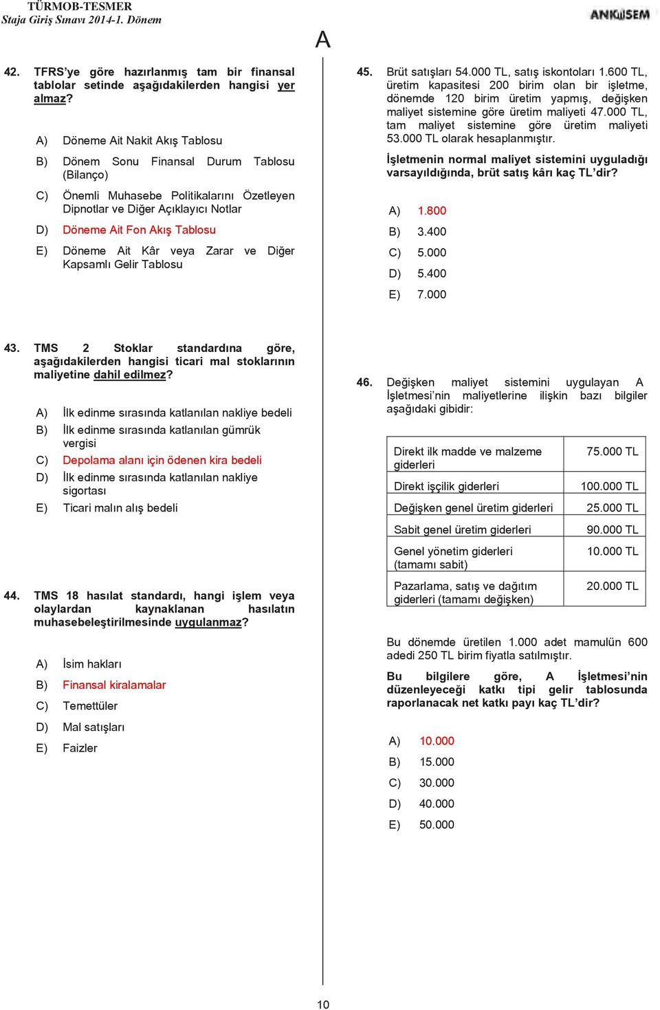 Kâr veya Zarar ve Diğer Kapsamlı Gelir Tablosu 45. Brüt satışları 54.000 TL, satış iskontoları 1.