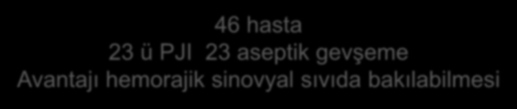 46 hasta Çalışmanın amacı sinovyal sıvıda bakılan α-defensin 23 ü PJI 23 aseptik gevşeme ve lökosit esteraz testinin sensitivite ve spesifitesini