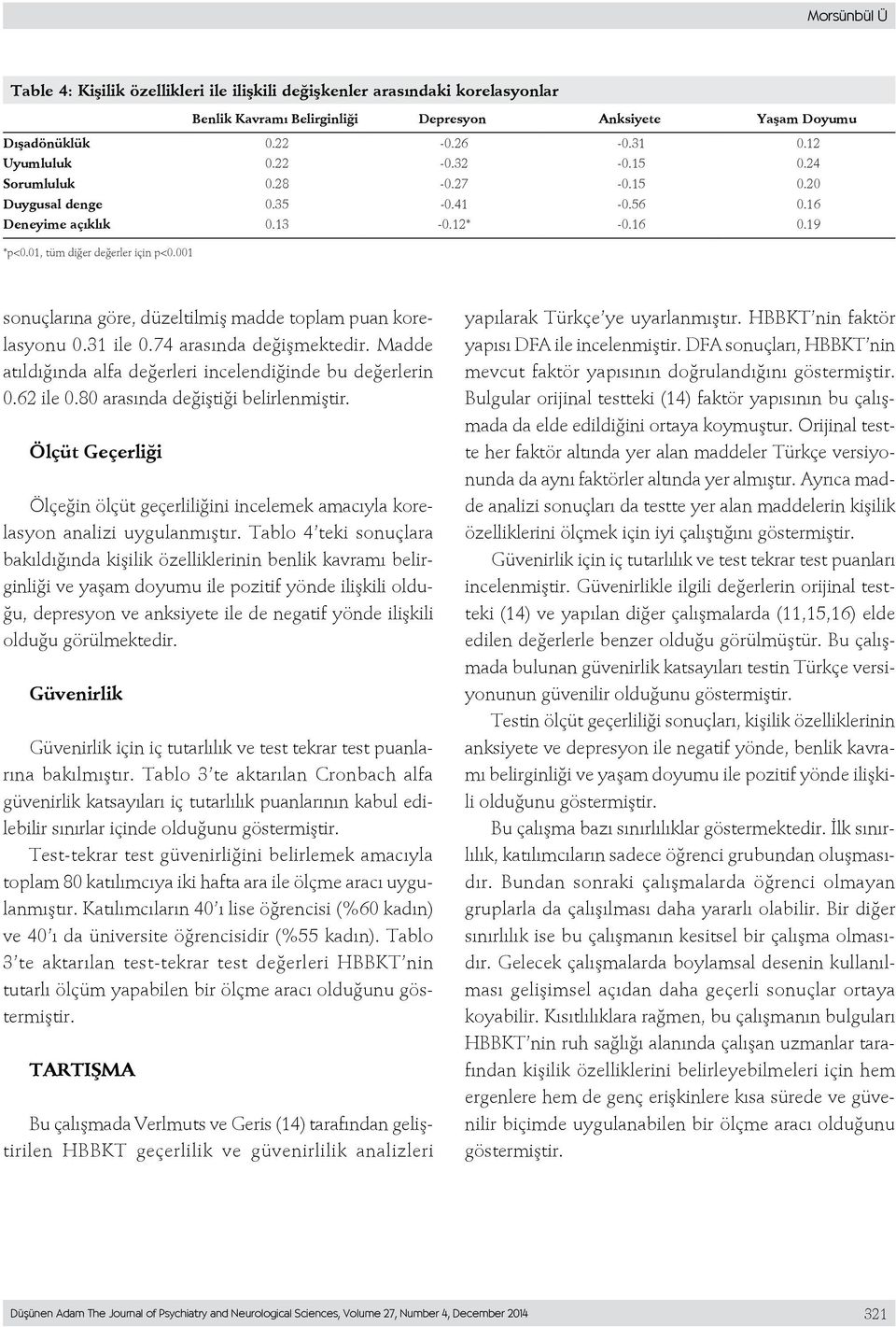 001 sonuçlarına göre, düzeltilmiş madde toplam puan korelasyonu 0.31 ile 0.74 arasında değişmektedir. Madde atıldığında alfa değerleri incelendiğinde bu değerlerin 0.62 ile 0.