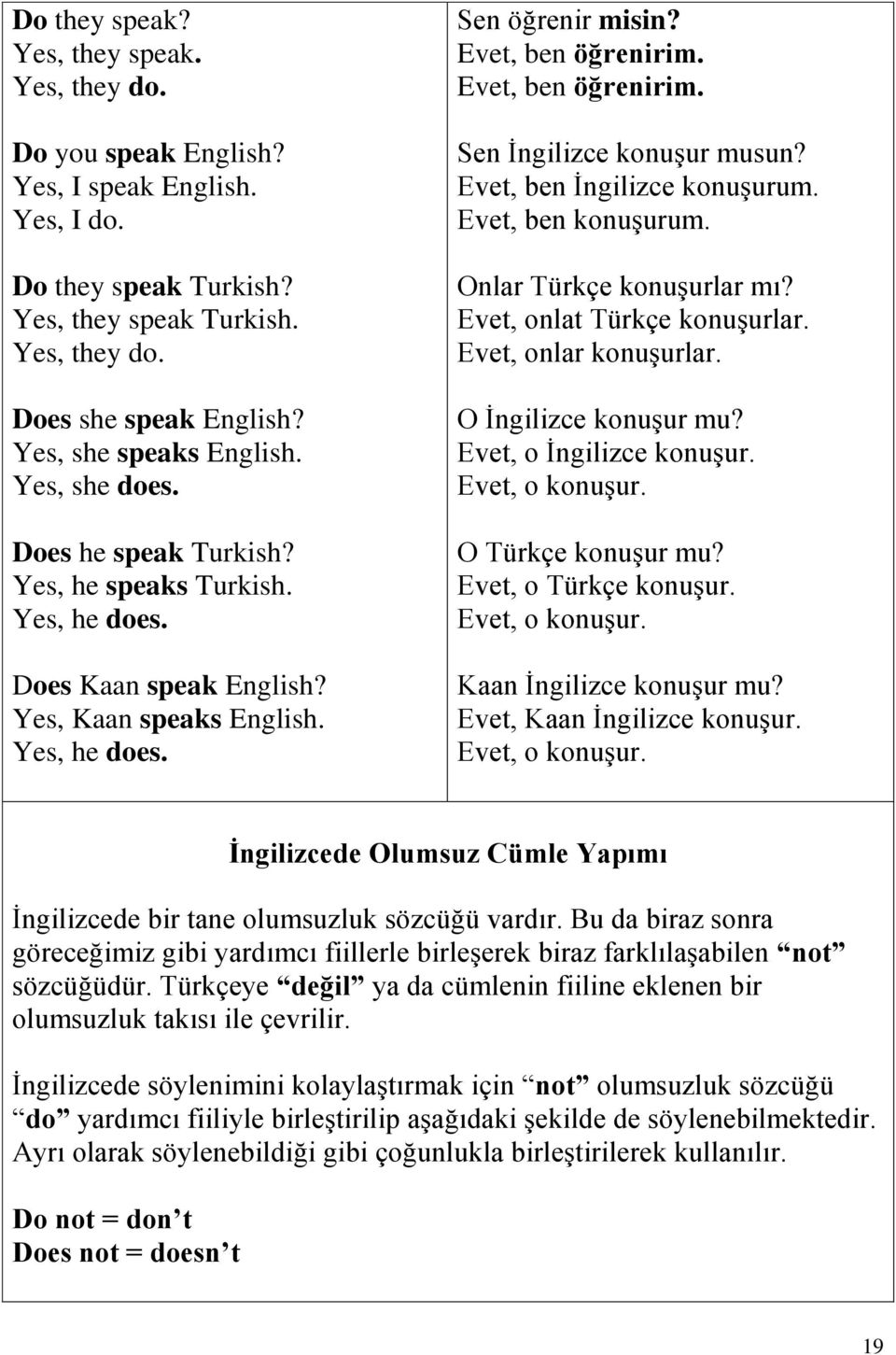 Evet, ben öğrenirim. Evet, ben öğrenirim. Sen İngilizce konuşur musun? Evet, ben İngilizce konuşurum. Evet, ben konuşurum. Onlar Türkçe konuşurlar mı? Evet, onlat Türkçe konuşurlar.