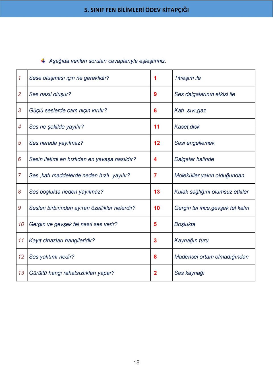 12 Sesi engellemek 6 Sesin iletimi en hızlıdan en yavaşa nasıldır? 4 Dalgalar halinde 7 Ses,katı maddelerde neden hızlı yayılır? 7 Moleküller yakın olduğundan 8 Ses boşlukta neden yayılmaz?