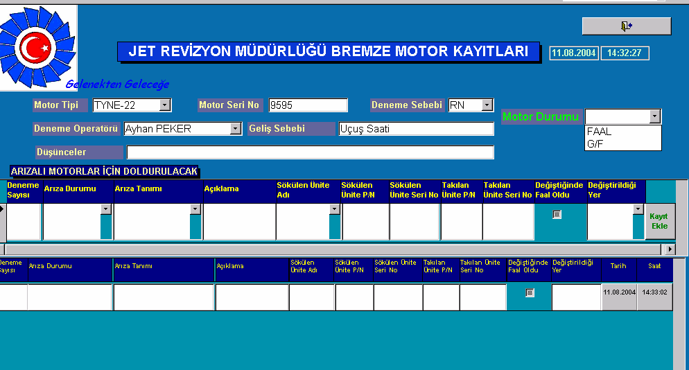 Şekil 2. MATAS Programı Motor Seri Numarası Girişi 4. Motor ünite değişmesine gerek olmadan FAAL olursa Şekil 3 te gösterildiği gibi Motor Durumu hanesinden FAAL seçeneğini seçin.