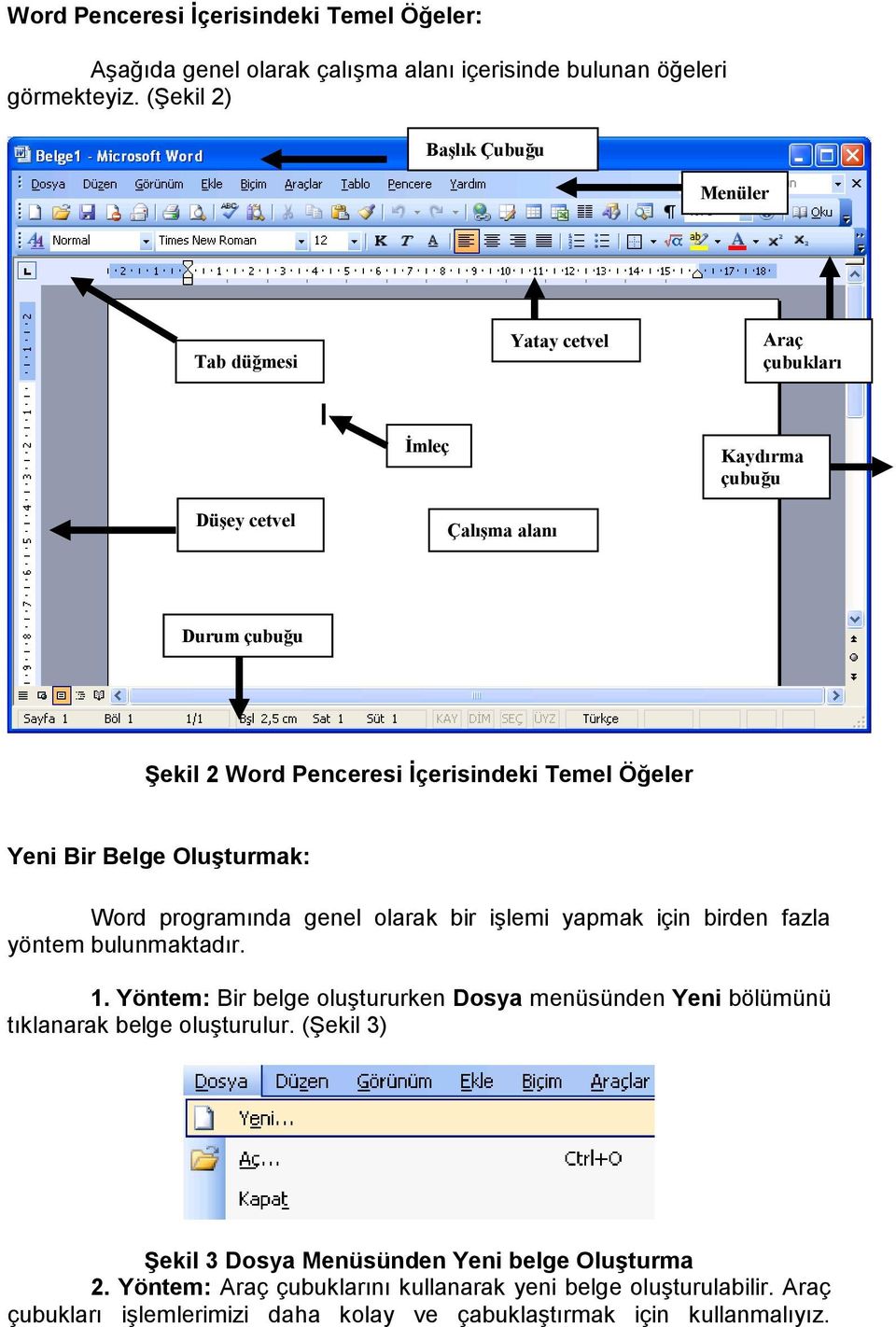 Öğeler Yeni Bir Belge OluĢturmak: Word programında genel olarak bir işlemi yapmak için birden fazla yöntem bulunmaktadır. 1.