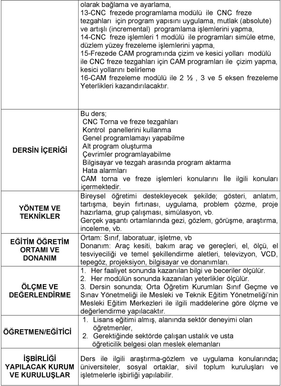 ile çizim yapma, kesici yollarını belirleme 16-CAM frezeleme modülü ile 2 ½, 3 ve 5 eksen frezeleme Yeterlikleri kazandırılacaktır.