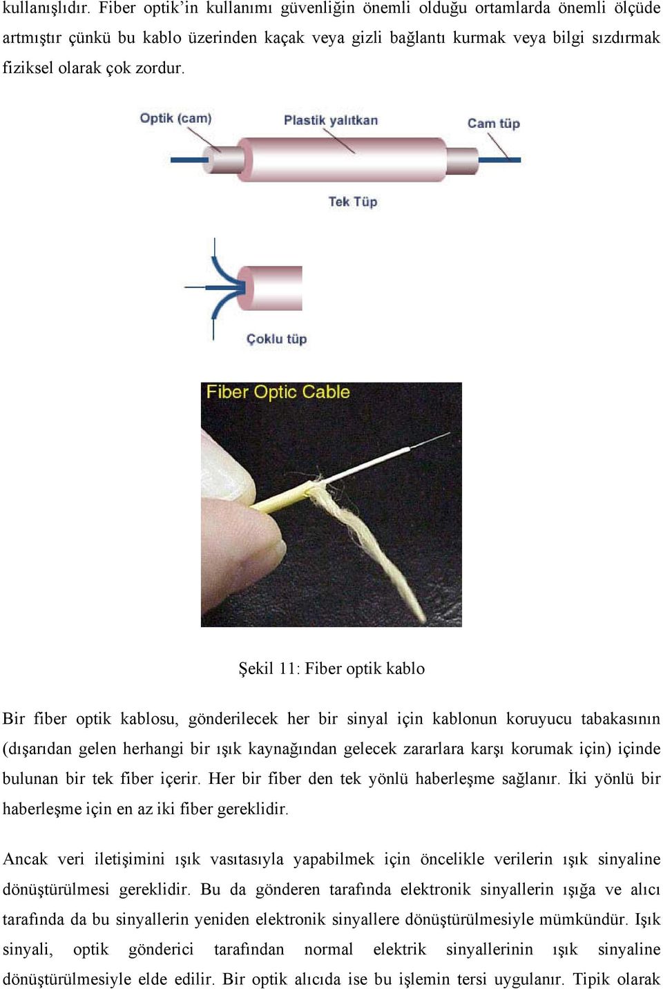 Şekil 11: Fiber optik kablo Bir fiber optik kablosu, gönderilecek her bir sinyal için kablonun koruyucu tabakasının (dışarıdan gelen herhangi bir ışık kaynağından gelecek zararlara karşı korumak