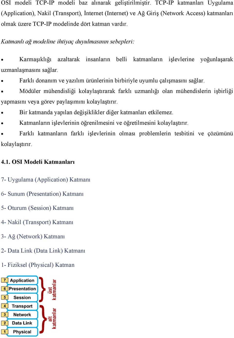 Katmanlı ağ modeline ihtiyaç duyulmasının sebepleri: Karmaşıklığı azaltarak insanların belli katmanların işlevlerine yoğunlaşarak uzmanlaşmasını sağlar.