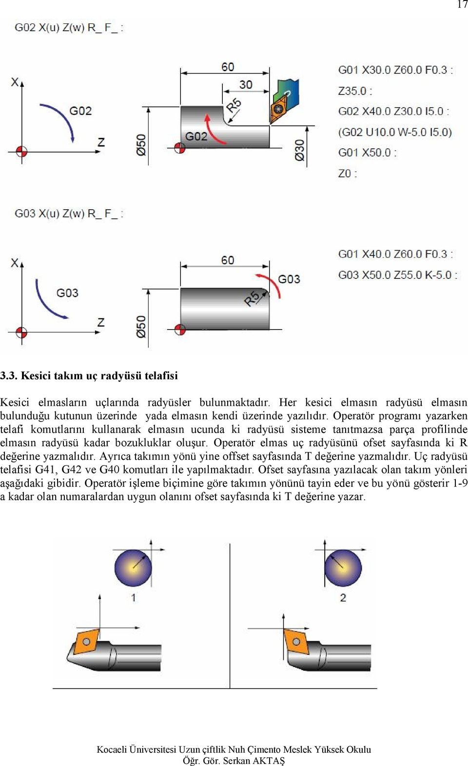 Operatör elmas uç radyüsünü ofset sayfasında ki R değerine yazmalıdır. Ayrıca takımın yönü yine offset sayfasında T değerine yazmalıdır.