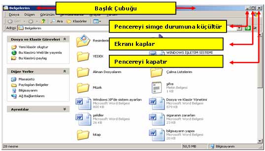 7. İşletim Sisteminde Pencere Kavramı Windows XP de açtığınız her pencere standart özellikler taşır. Bilgisayarınızda, Belgelerim simgesini çift tıklayarak açın. Açtığınız pencerede 3.