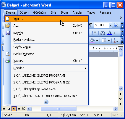 3. Yeni Boş Belge Oluşturma Kelime işlemci programını çalıştırdığınızda yeni bir boş belgenin ekrana geldiğini görürsünüz. Program açıkken yeni bir belge açmak için 5.