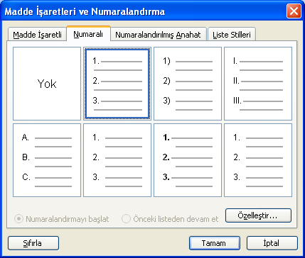 Listede numaralandırma işlemini birlikte yapalım: 1. Biçimlendirme araç çubuğundan düğmesini veya Biçim menüsünden Madde İşaretleri ve Numaralandırma seçeneğini tıklayın. 2.