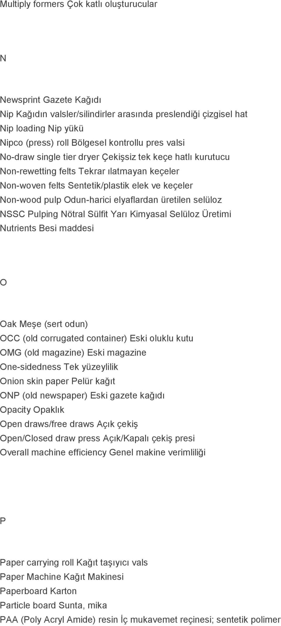 üretilen selüloz NSSC Pulping Nötral Sülfit Yarı Kimyasal Selüloz Üretimi Nutrients Besi maddesi O Oak Meşe (sert odun) OCC (old corrugated container) Eski oluklu kutu OMG (old magazine) Eski