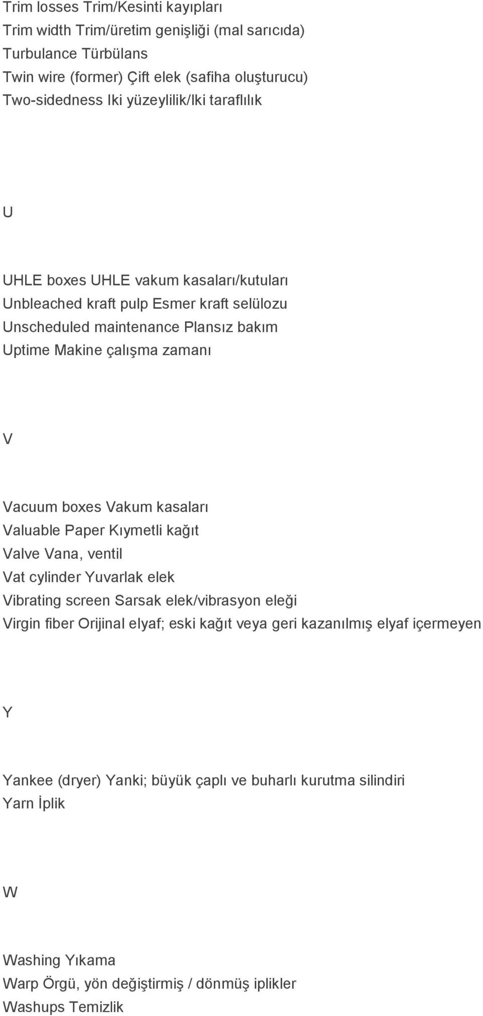 Vacuum boxes Vakum kasaları Valuable Paper Kıymetli kağıt Valve Vana, ventil Vat cylinder Yuvarlak elek Vibrating screen Sarsak elek/vibrasyon eleği Virgin fiber Orijinal elyaf; eski