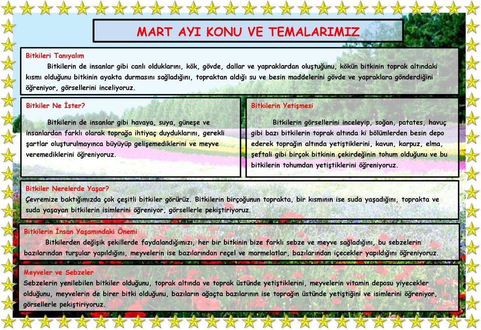 Bitkilerin de insanlar gibi havaya, suya, güneşe ve insanlardan farklı olarak toprağa ihtiyaç duyduklarını, gerekli şartlar oluşturulmayınca büyüyüp gelişemediklerini ve meyve veremediklerini