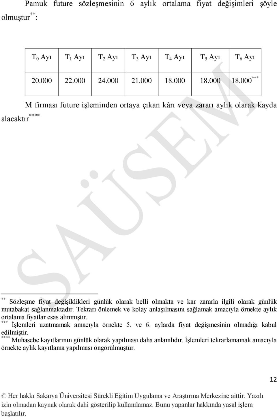 000 *** alacaktır **** M firması future işleminden ortaya çıkan kârı veya zararı aylık olarak kayda ** Sözleşme fiyat değişiklikleri günlük olarak belli olmakta ve kar zararla ilgili olarak