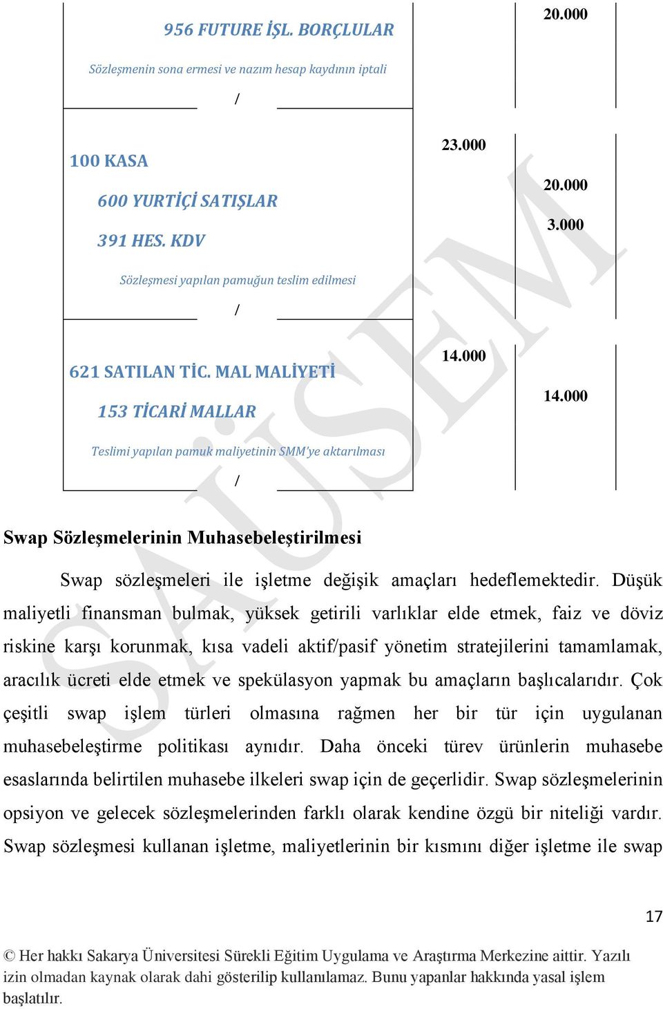 000 Teslimi yapılan pamuk maliyetinin SMM ye aktarılması Swap Sözleşmelerinin Muhasebeleştirilmesi Swap sözleşmeleri ile işletme değişik amaçları hedeflemektedir.