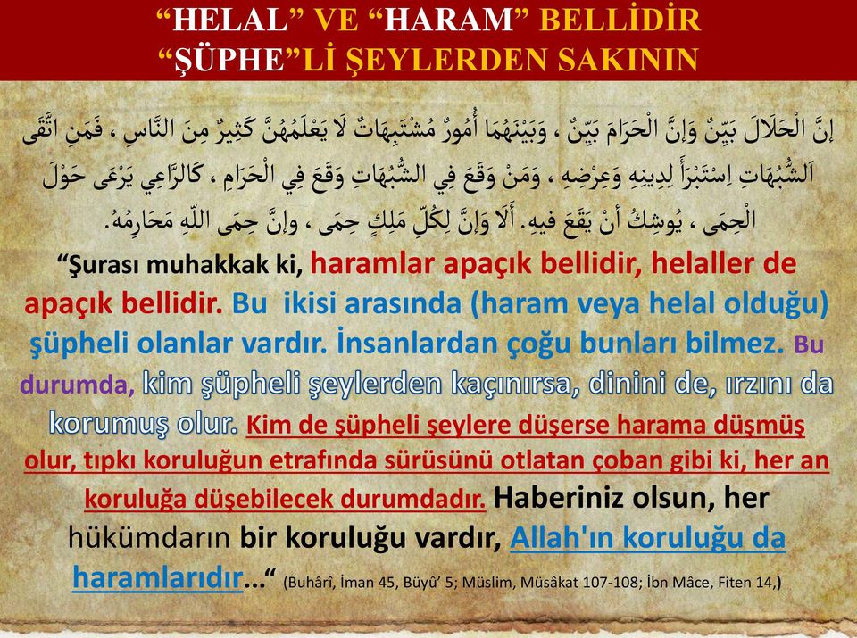 آأل و إن ل ك ق ى HELAL VE HARAM BELLİDİR ŞÜPHE Lİ ŞEYLERDEN SAKININ Şurası muhakkak ki, haramlar apaçık bellidir, helaller de apaçık bellidir.