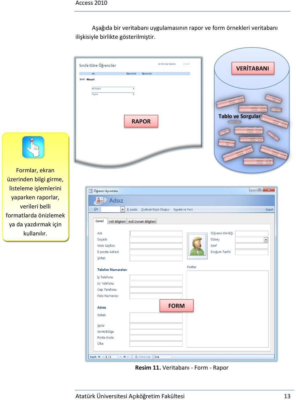 VERİTABANI RAPOR Tablo ve Sorgular Formlar, ekran üzerinden bilgi girme, listeleme işlemlerini