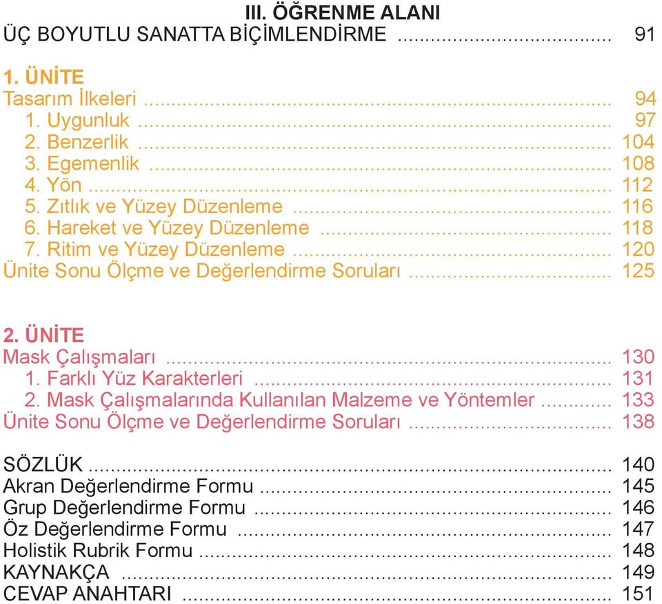 ÜN TE Mask Çalı maları... 130 1. Farklı Yüz Karakterleri... 131 2. Mask Çalı malarında Kullanılan Malzeme ve Yöntemler... 133 Ünite Sonu Ölçme ve De erlendirme Soruları.