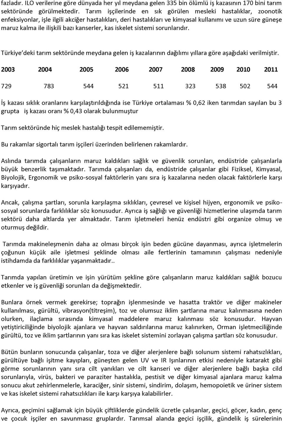 bazı kanserler, kas iskelet sistemi sorunlarıdır. Türkiye'deki tarım sektöründe meydana gelen iş kazalarının dağılımı yıllara göre aşağıdaki verilmiştir.