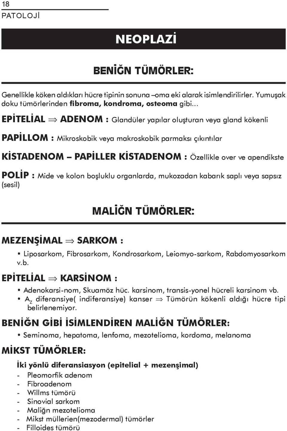 Mide ve kolon boşluklu organlarda, mukozadan kabarık saplı veya sapsız (sesil) MALİĞN TÜMÖRLER: MEZENŞİMAL SARKOM : Liposarkom, Fibrosarkom, Kondrosarkom, Leiomyo-sarkom, Rabdomyosarkom v.b. EPİTELİAL KARSİNOM : Adenokarsi-nom, Skuamöz hüc.