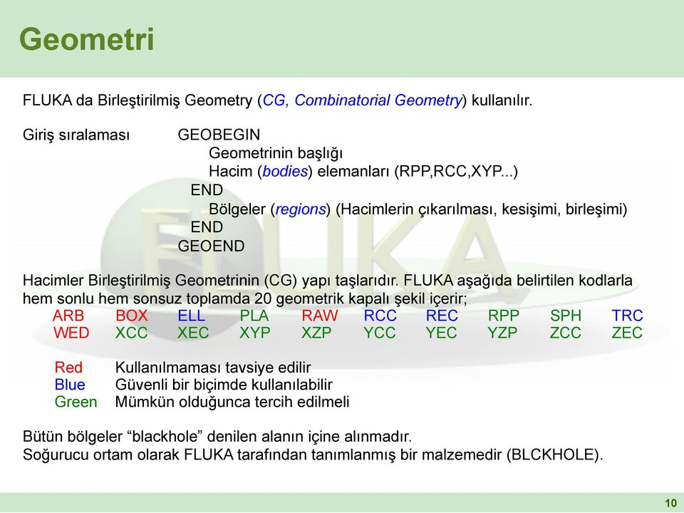 FLUKA aşağıda belirtilen kodlarla hem sonlu hem sonsuz toplamda 20 geometrik kapalı şekil içerir; ARB BOX ELL PLA RAW RCC REC RPP SPH TRC WED XCC XEC XYP XZP YCC YEC YZP ZCC ZEC Red