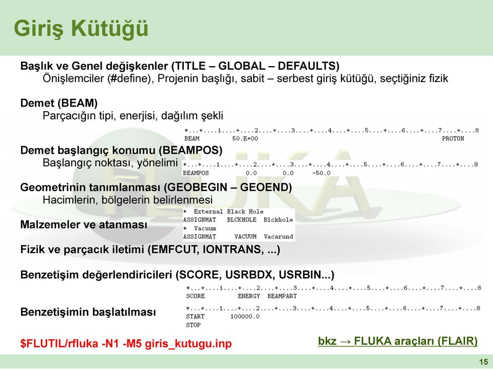 Geometrinin tanımlanması (GEOBEGIN GEOEND) Hacimlerin, bölgelerin belirlenmesi Malzemeler ve atanması Fizik ve parçacık iletimi (EMFCUT,