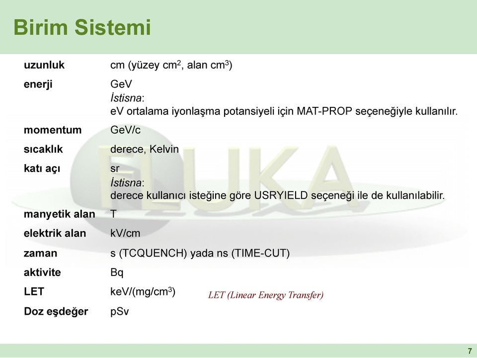 GeV/c derece, Kelvin sr İstisna: derece kullanıcı isteğine göre USRYIELD seçeneği ile de kullanılabilir.