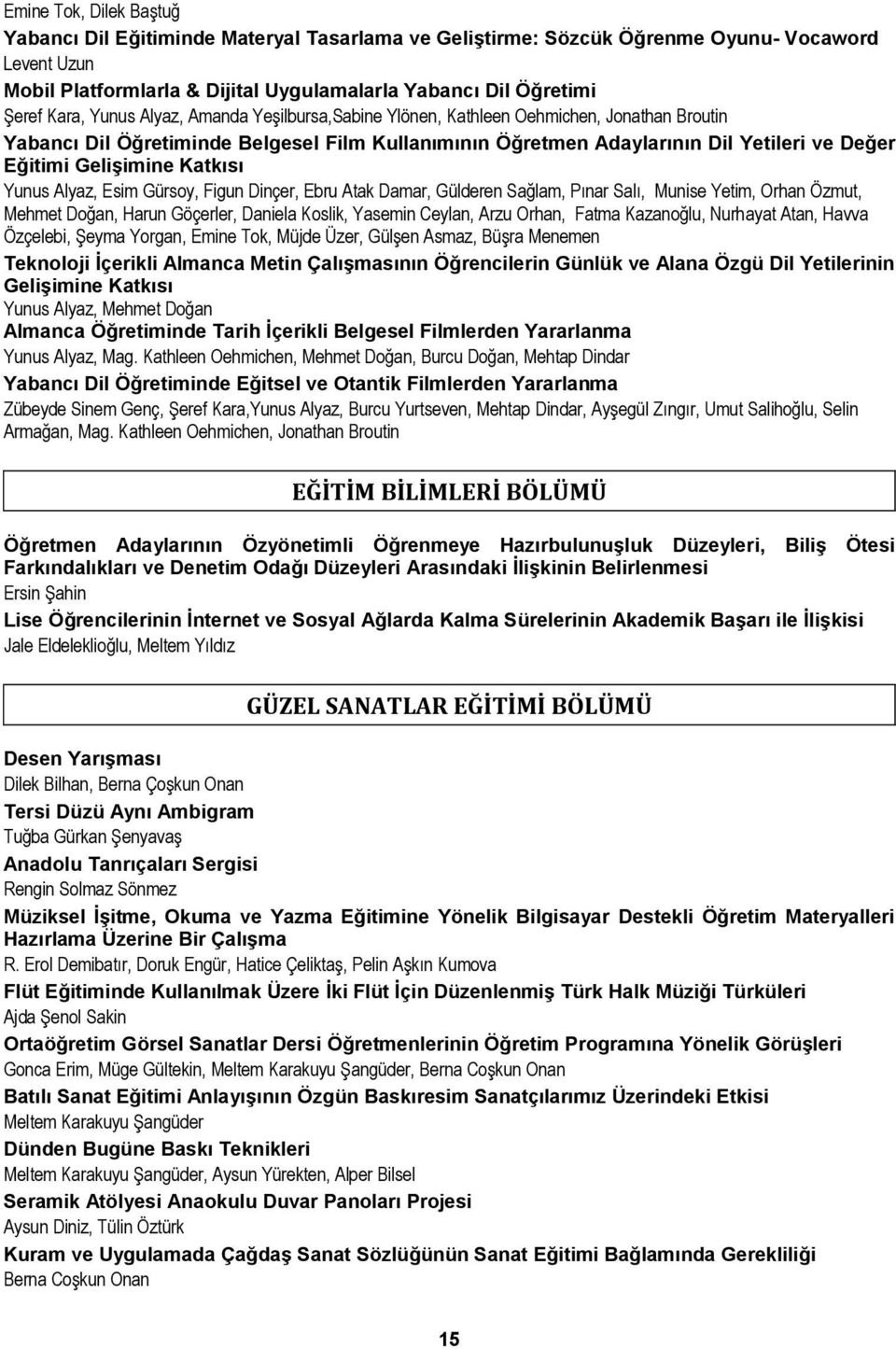 Gelişimine Katkısı Yunus Alyaz, Esim Gürsoy, Figun Dinçer, Ebru Atak Damar, Gülderen Sağlam, Pınar Salı, Munise Yetim, Orhan Özmut, Mehmet Doğan, Harun Göçerler, Daniela Koslik, Yasemin Ceylan, Arzu