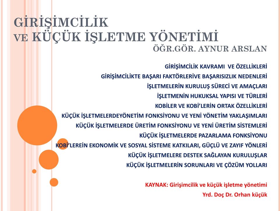 YAPISI VE TÜRLERİ KOBİLER VE KOBİ LERİN ORTAK ÖZELLİKLERİ KÜÇÜK İŞLETMELERDEYÖNETİM FONKSİYONU VE YENİ YÖNETİM YAKLAŞIMLARI KÜÇÜK İŞLETMELERDE ÜRETİM FONKSİYONU VE YENİ