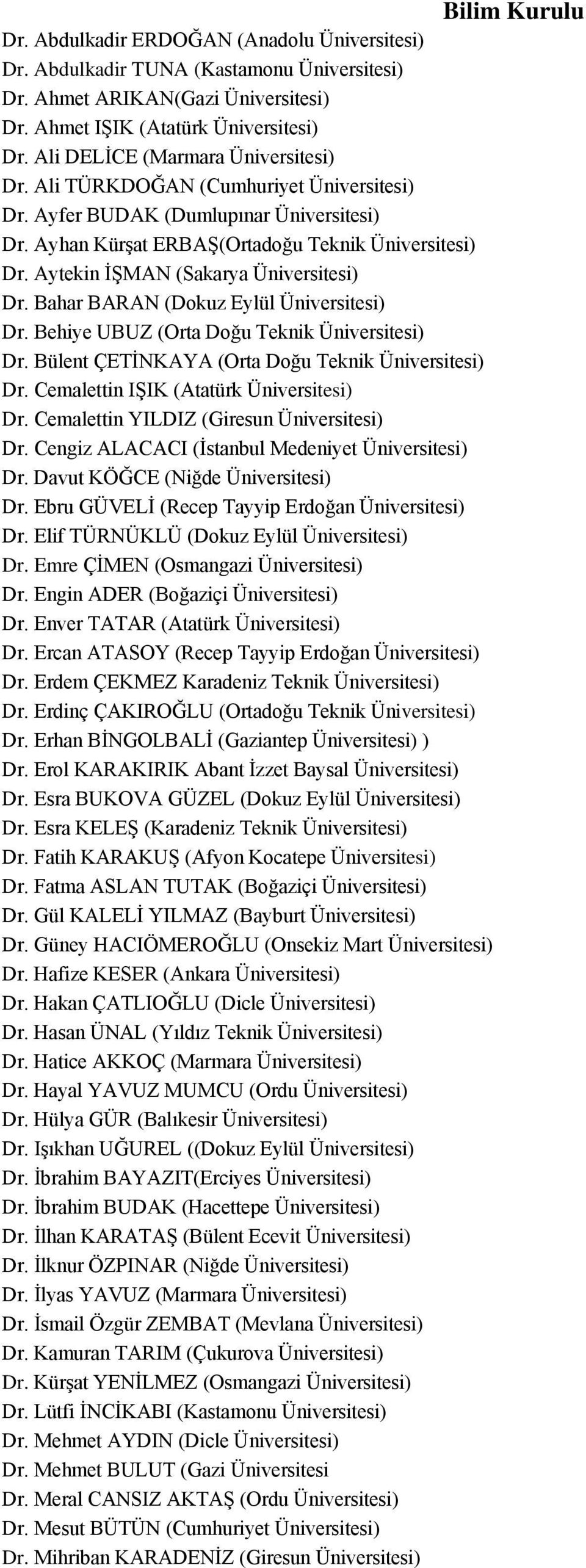 Aytekin İŞMAN (Sakarya Üniversitesi) Dr. Bahar BARAN (Dokuz Eylül Üniversitesi) Dr. Behiye UBUZ (Orta Doğu Teknik Üniversitesi) Dr. Bülent ÇETİNKAYA (Orta Doğu Teknik Üniversitesi) Dr.