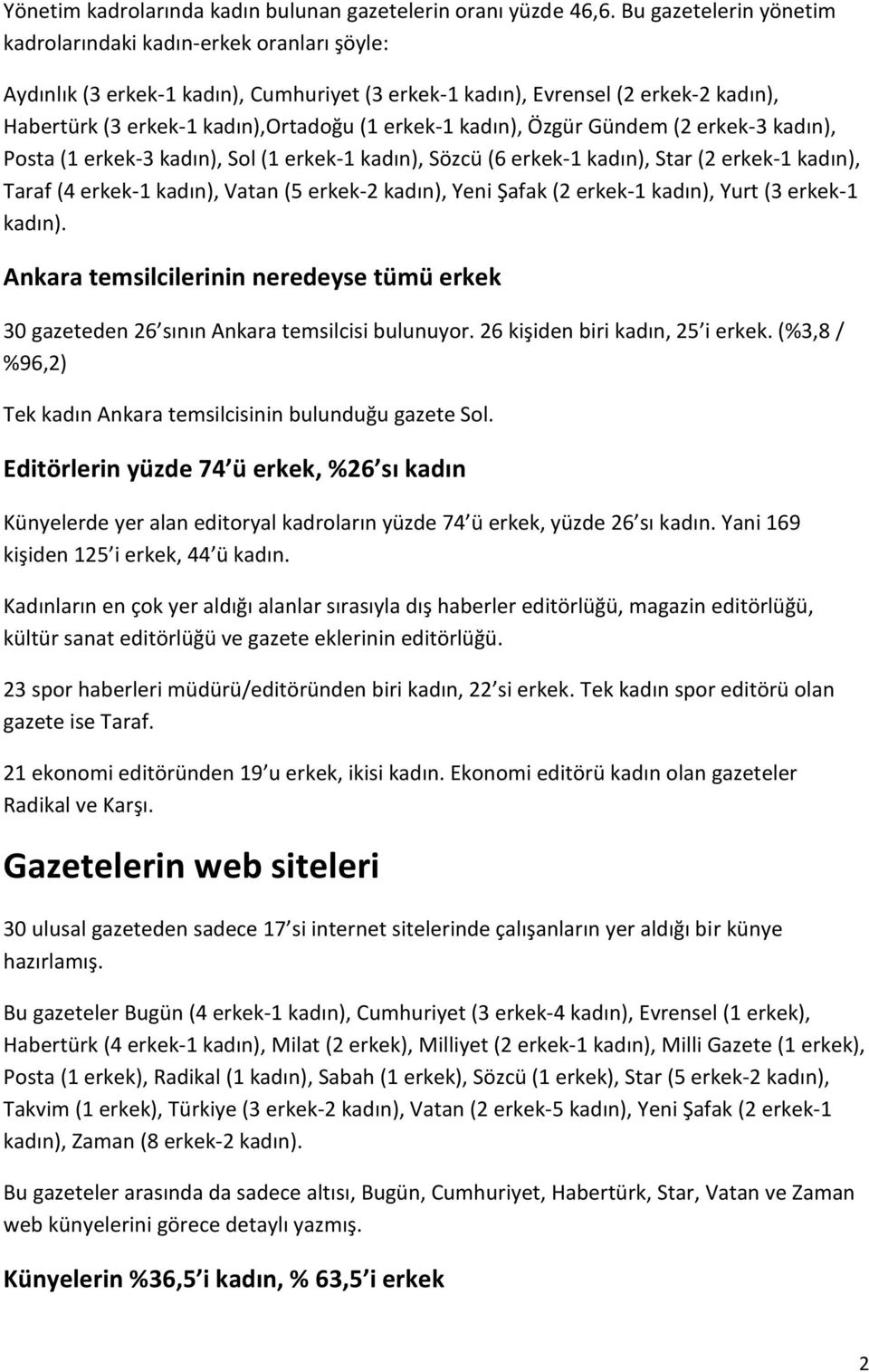 kadın), Özgür Gündem (2 erkek-3 kadın), Posta (1 erkek-3 kadın), Sol (1 erkek-1 kadın), Sözcü (6 erkek-1 kadın), Star (2 erkek-1 kadın), Taraf (4 erkek-1 kadın), Vatan (5 erkek-2 kadın), Yeni Şafak