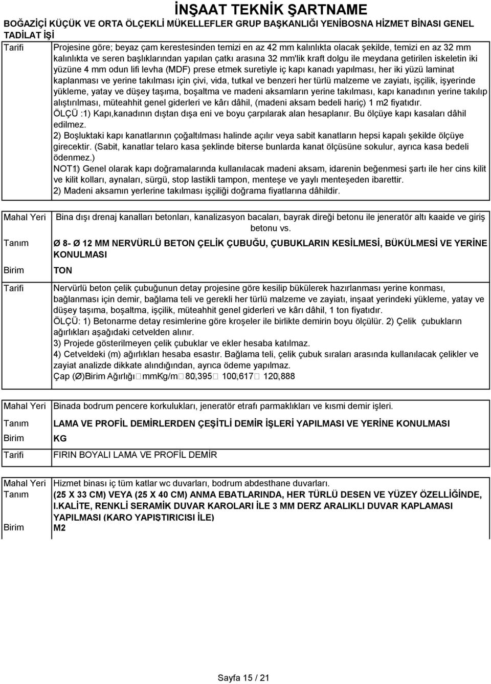 türlü malzeme ve zayiatı, işçilik, işyerinde yükleme, yatay ve düşey taşıma, boşaltma ve madeni aksamların yerine takılması, kapı kanadının yerine takılıp alıştırılması, müteahhit genel giderleri ve