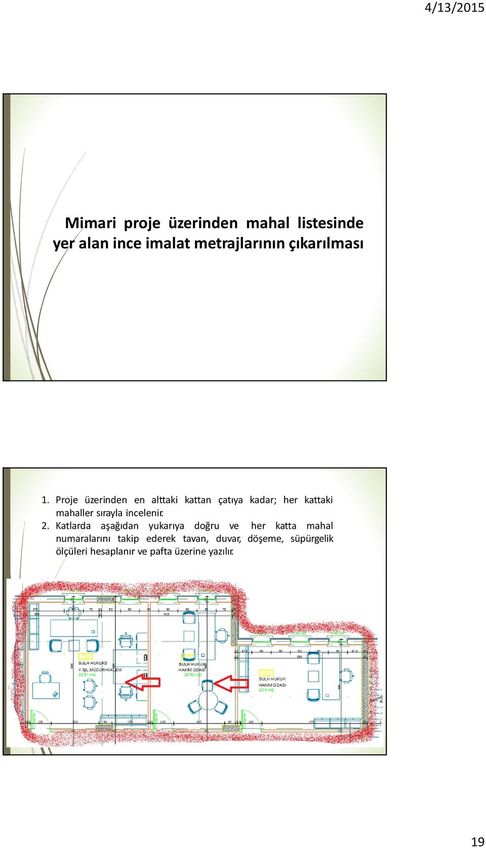 Proje üzerinden en alttaki kattan çatıya kadar; her kattaki mahaller sırayla