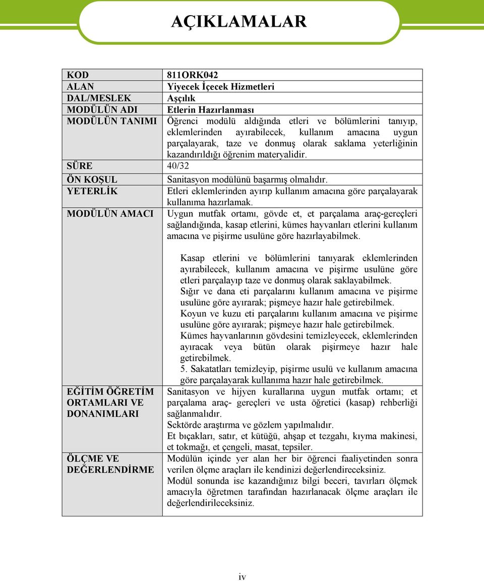 SÜRE 40/32 ÖN KOŞUL Sanitasyon modülünü başarmış olmalıdır. YETERLİK Etleri eklemlerinden ayırıp kullanım amacına göre parçalayarak kullanıma hazırlamak.