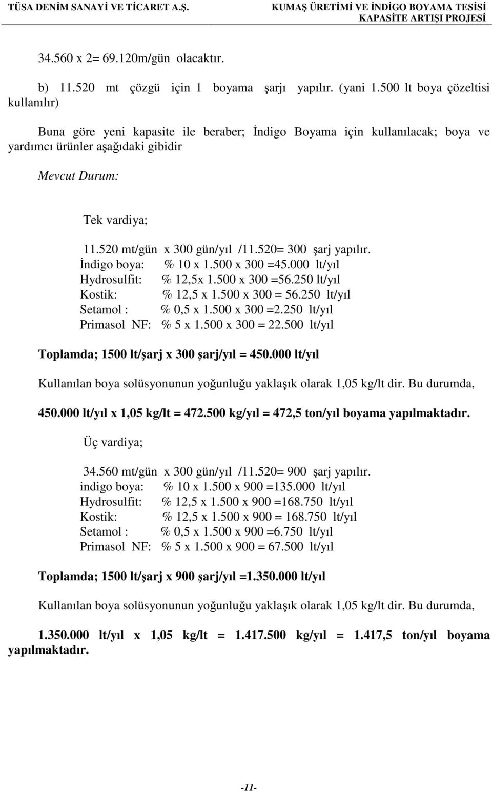 520 mt/gün x 300 gün/yıl /11.520= 300 şarj yapılır. İndigo boya: % 10 x 1.500 x 300 =45.000 lt/yıl Hydrosulfit: % 12,5x 1.500 x 300 =56.250 lt/yıl Kostik: % 12,5 x 1.500 x 300 = 56.