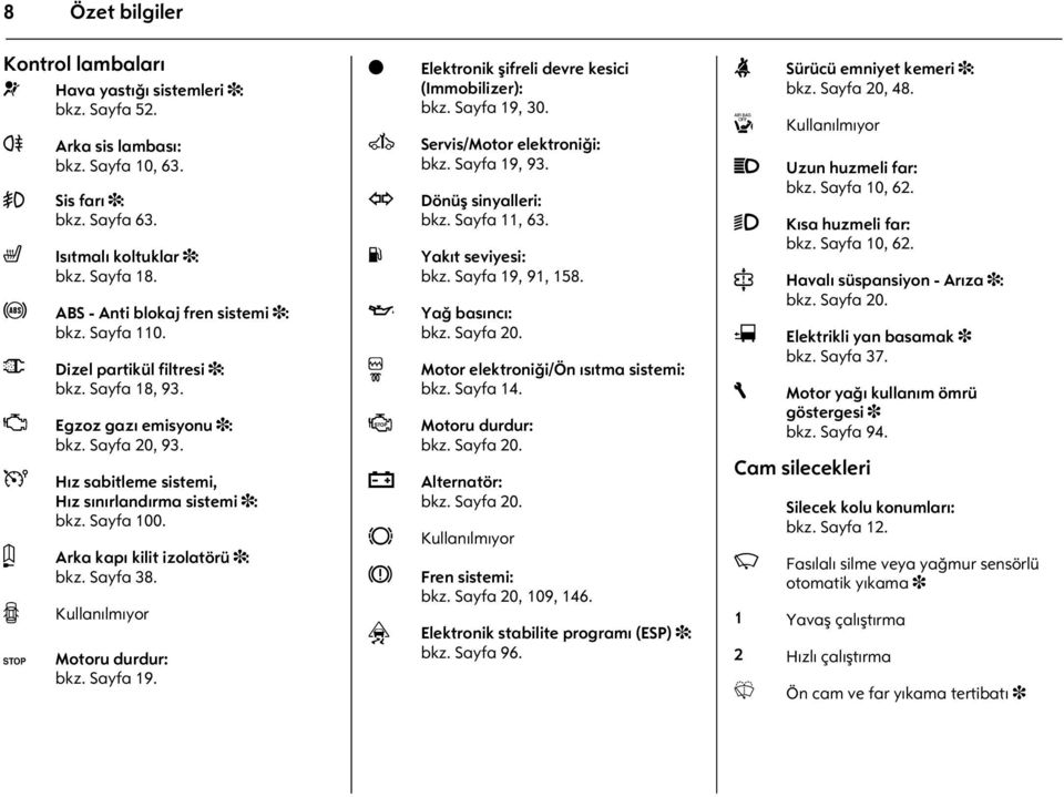 U Hız sabitleme sistemi, Hız sınırlandırma sistemi 3: bkz. Sayfa 100. L Arka kapı kilit izolatörü 3: bkz. Sayfa 38. o C Kullanılmıyor Motoru durdur: bkz. Sayfa 19.