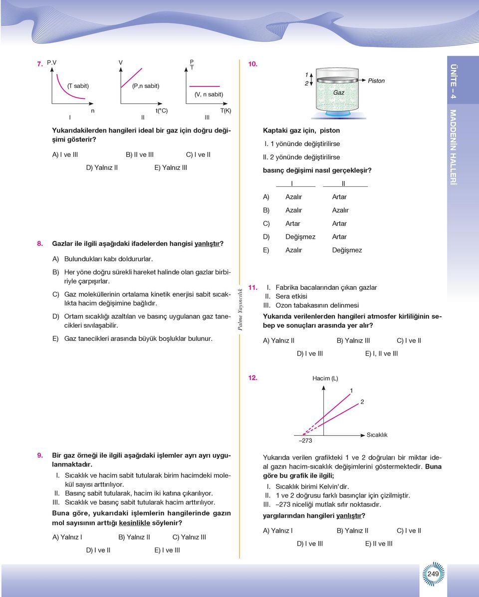 I II ÜNİTE 4 MADDENİN HALLERİ A) Azalır Artar B) Azalır Azalır C) Artar Artar 8. Gazlar ile ilgili aşağıdaki ifadelerden hangisi yanlıştır? A) Bulundukları kabı doldururlar.