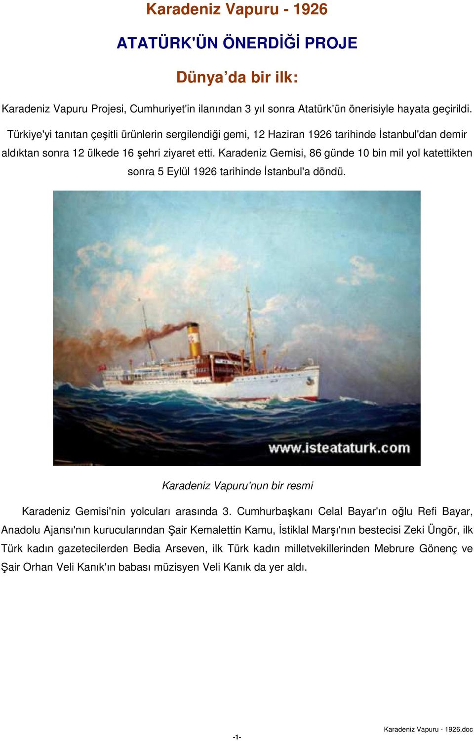 Karadeniz Gemisi, 86 günde 10 bin mil yol katettikten sonra 5 Eylül 1926 tarihinde İstanbul'a döndü. Karadeniz Vapuru nun bir resmi Karadeniz Gemisi'nin yolcuları arasında 3.