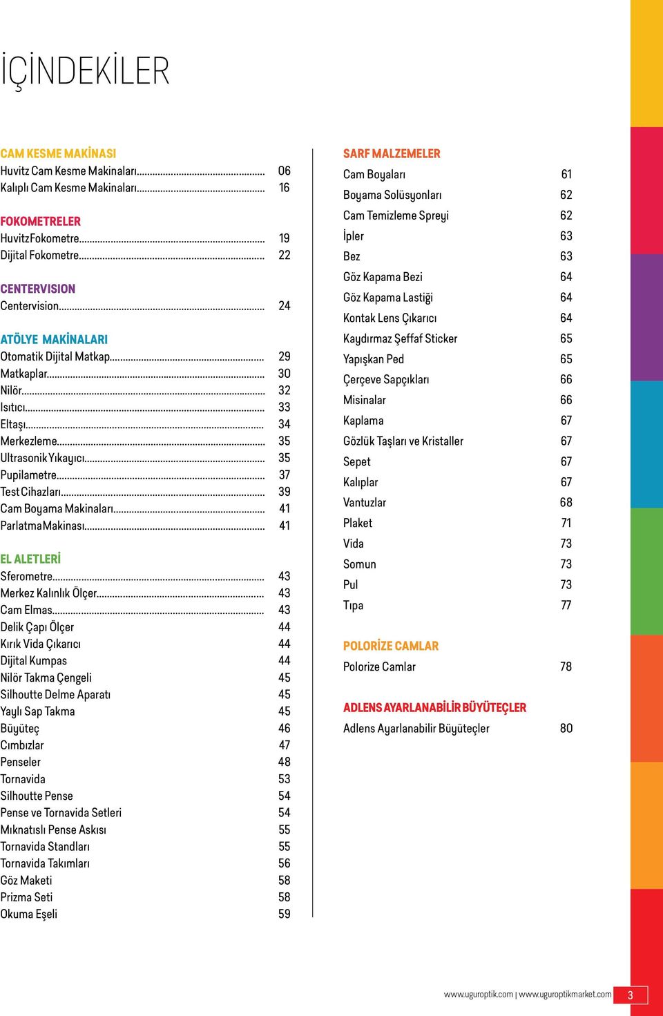 .. 19 22 Cam Temizleme Spreyi İpler Bez 62 63 63 CENTERVISION Centervision... 24 Göz Kapama Bezi Göz Kapama Lastiği Kontak Lens Çıkarıcı 64 64 64 ATÖLYE MAKİNALARI Otomatik Dijital Matkap... Matkaplar.