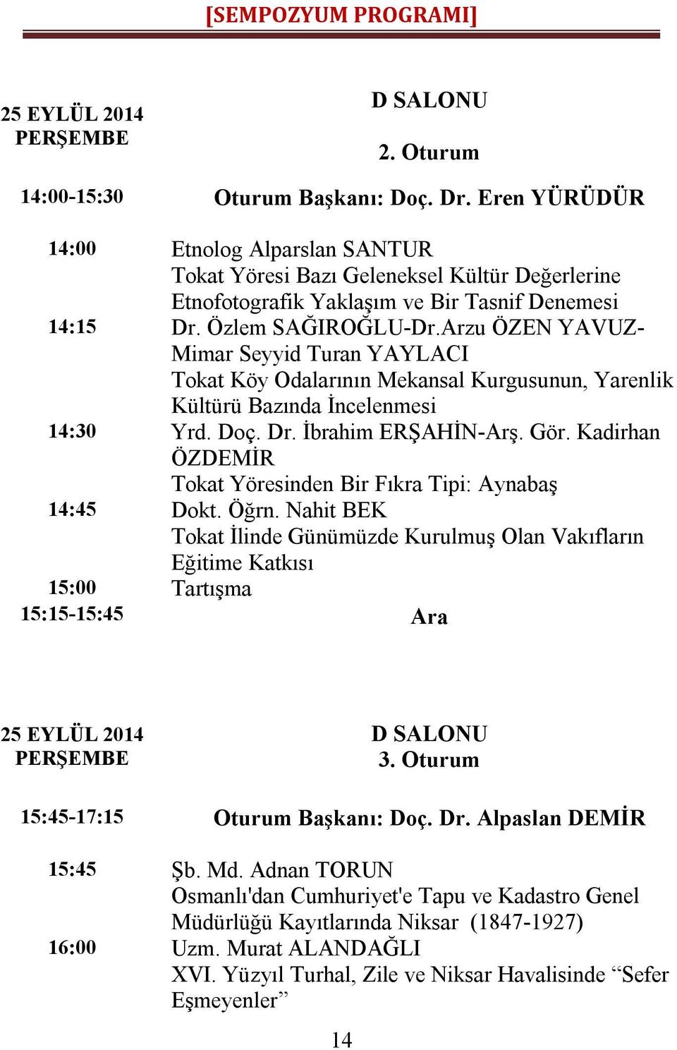 Arzu ÖZEN YAVUZ- Mimar Seyyid Turan YAYLACI Tokat Köy Odalarının Mekansal Kurgusunun, Yarenlik Kültürü Bazında İncelenmesi 14:30 Yrd. Doç. Dr. İbrahim ERŞAHİN-Arş. Gör.