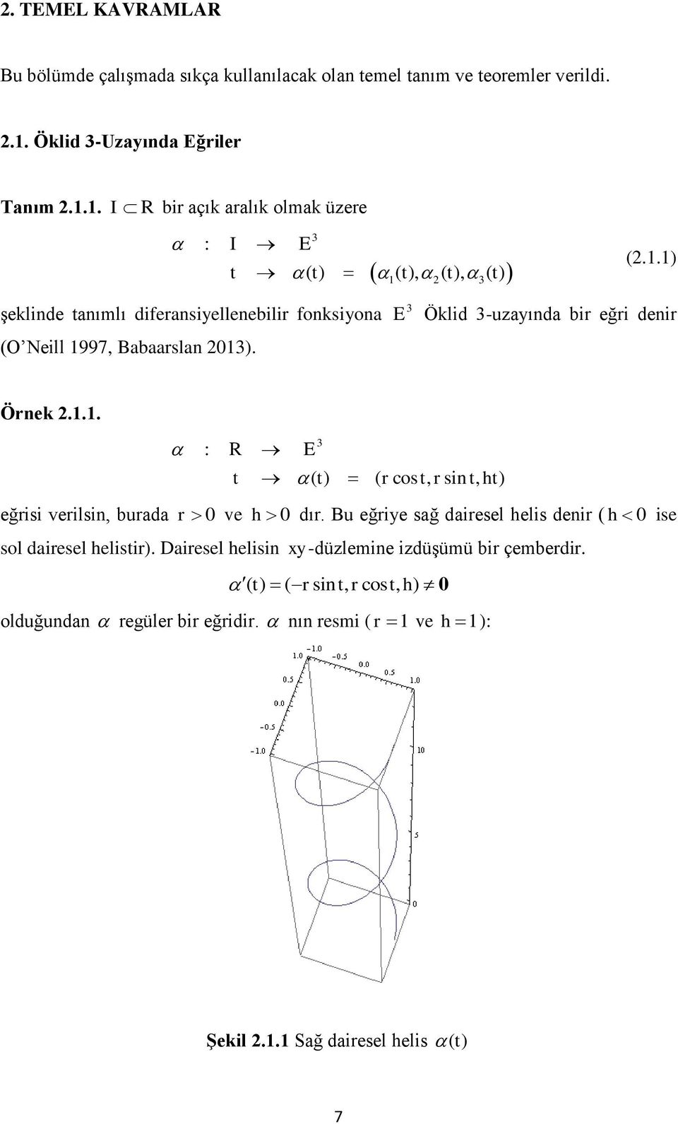E Öklid -uzayında bir eğri denir Örnek 2.1.1. : R E t ( t) ( r cos t, r sin t, ht) eğrisi verilsin, burada r 0 ve h 0 dır.
