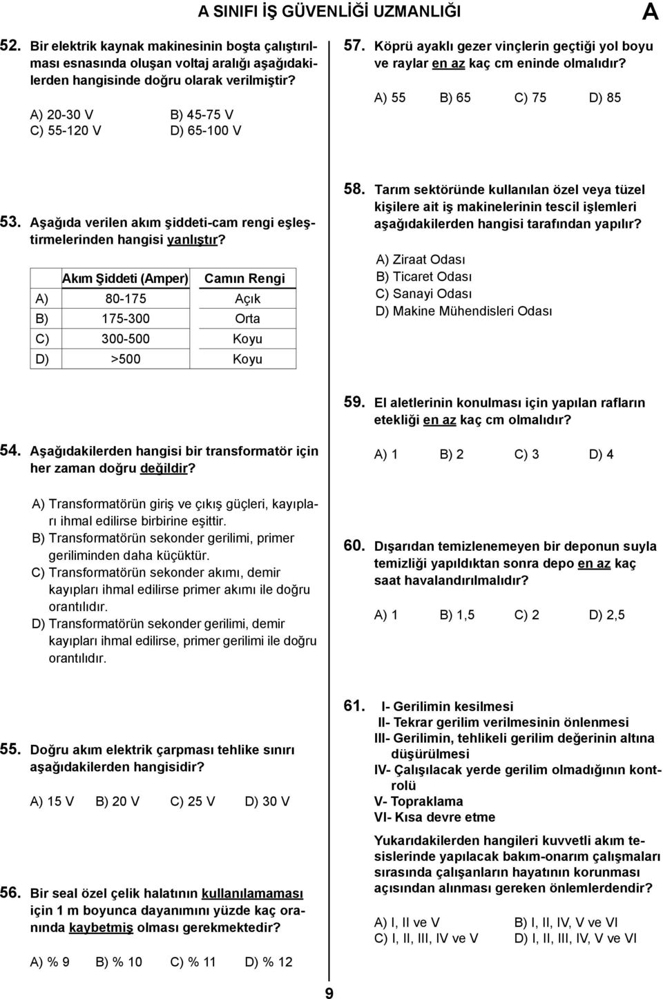 Aşağıda verilen akım şiddeti-cam rengi eşleştirmelerinden hangisi yanlıştır? Akım Şiddeti (Amper) Camın Rengi A) 80-175 Açık B) 175-300 Orta C) 300-500 Koyu D) >500 Koyu 58.