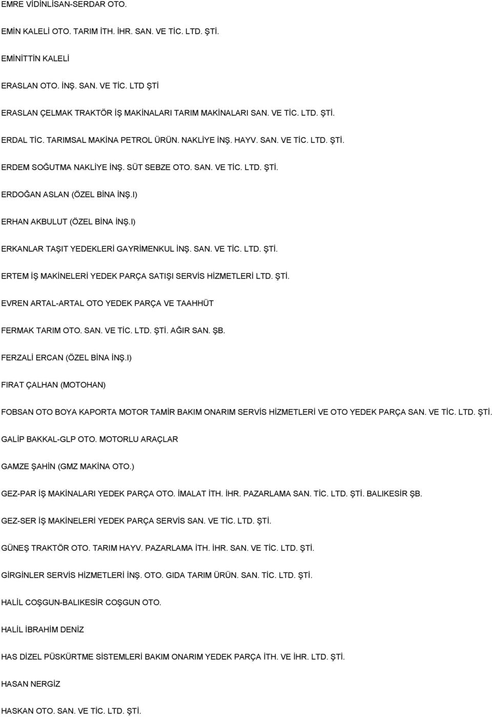 I) ERHAN AKBULUT (ÖZEL BİNA İNŞ.I) ERKANLAR TAŞIT YEDEKLERİ GAYRİMENKUL İNŞ. SAN. VE TİC. LTD. ŞTİ. ERTEM İŞ MAKİNELERİ YEDEK PARÇA SATIŞI SERVİS HİZMETLERİ LTD. ŞTİ. EVREN ARTAL-ARTAL OTO YEDEK PARÇA VE TAAHHÜT FERMAK TARIM OTO.