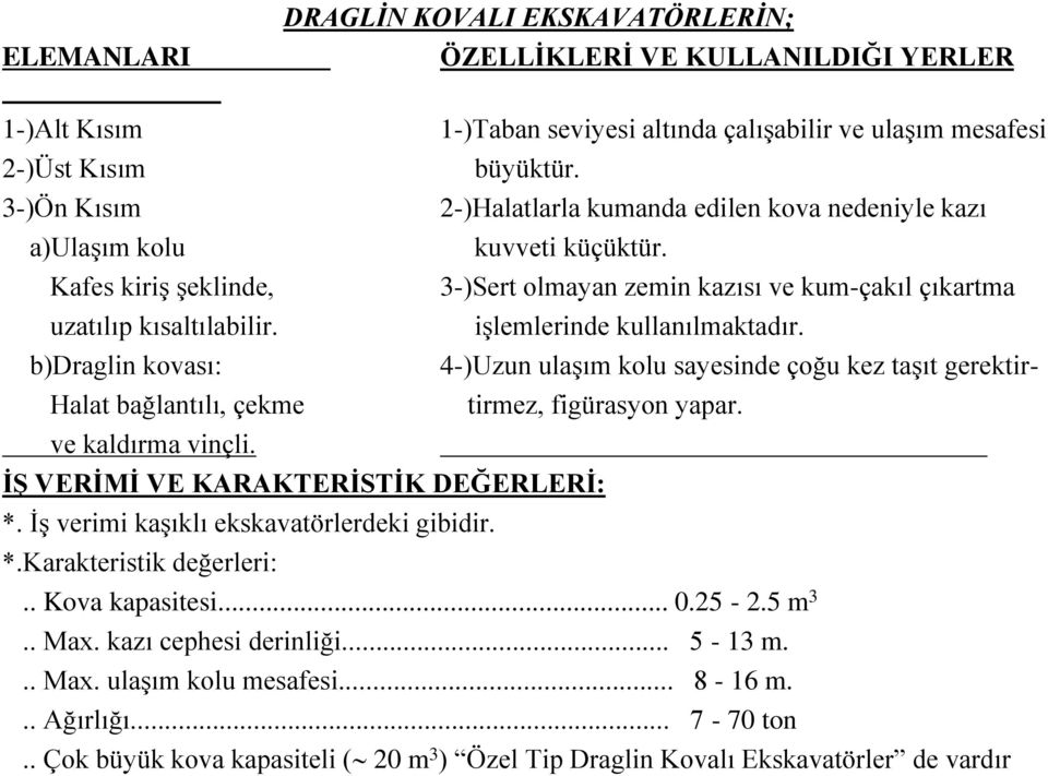 işlemlerinde kullanılmaktadır. b)draglin kovası: 4-)Uzun ulaşım kolu sayesinde çoğu kez taşıt gerektir- Halat bağlantılı, çekme tirmez, figürasyon yapar. ve kaldırma vinçli.