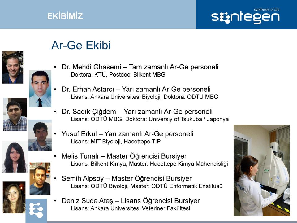 Sadık Çiğdem Yarı zamanlı Ar-Ge personeli Lisans: ODTÜ MBG, Doktora: Universiy of Tsukuba / Japonya Yusuf Erkul Yarı zamanlı Ar-Ge personeli Lisans: MIT Biyoloji,