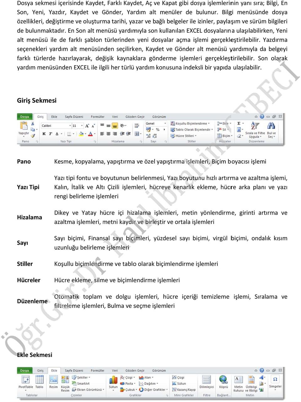 En Son alt menüsü yardımıyla son kullanılan EXCEL dosyalarına ulaşılabilirken, Yeni alt menüsü ile de farklı şablon türlerinden yeni dosyalar açma işlemi gerçekleştirilebilir.