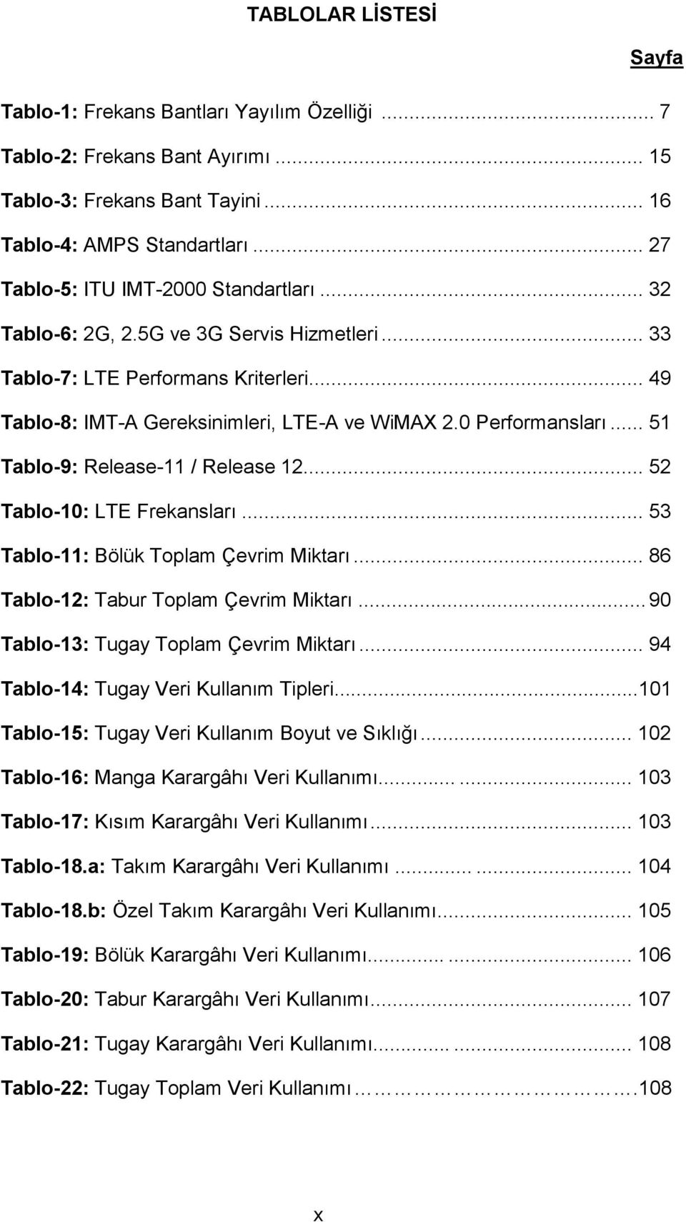 0 Performansları... 51 Tablo-9: Release-11 / Release 12... 52 Tablo-10: LTE Frekansları... 53 Tablo-11: Bölük Toplam Çevrim Miktarı... 86 Tablo-12: Tabur Toplam Çevrim Miktarı.