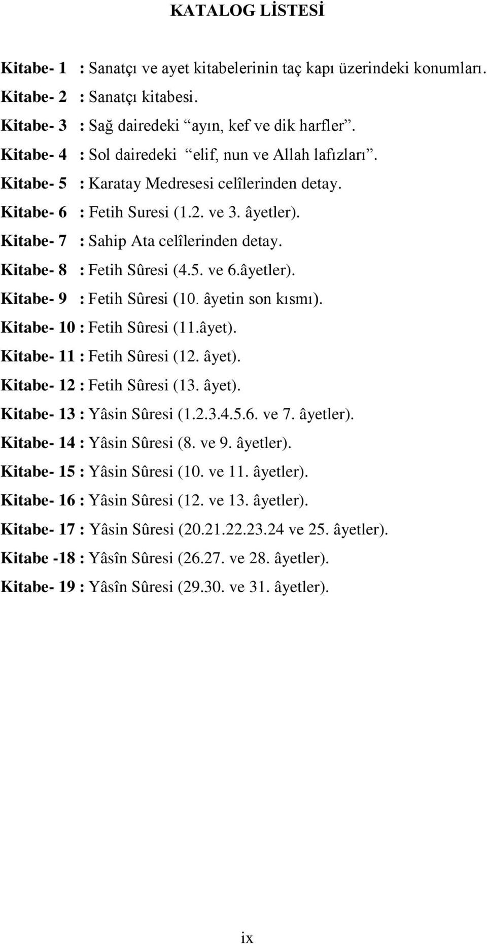 Kitabe- 8 : Fetih Sûresi (4.5. ve 6.âyetler). Kitabe- 9 : Fetih Sûresi (10. âyetin son kısmı). Kitabe- 10 : Fetih Sûresi (11.âyet). Kitabe- 11 : Fetih Sûresi (12. âyet). Kitabe- 12 : Fetih Sûresi (13.