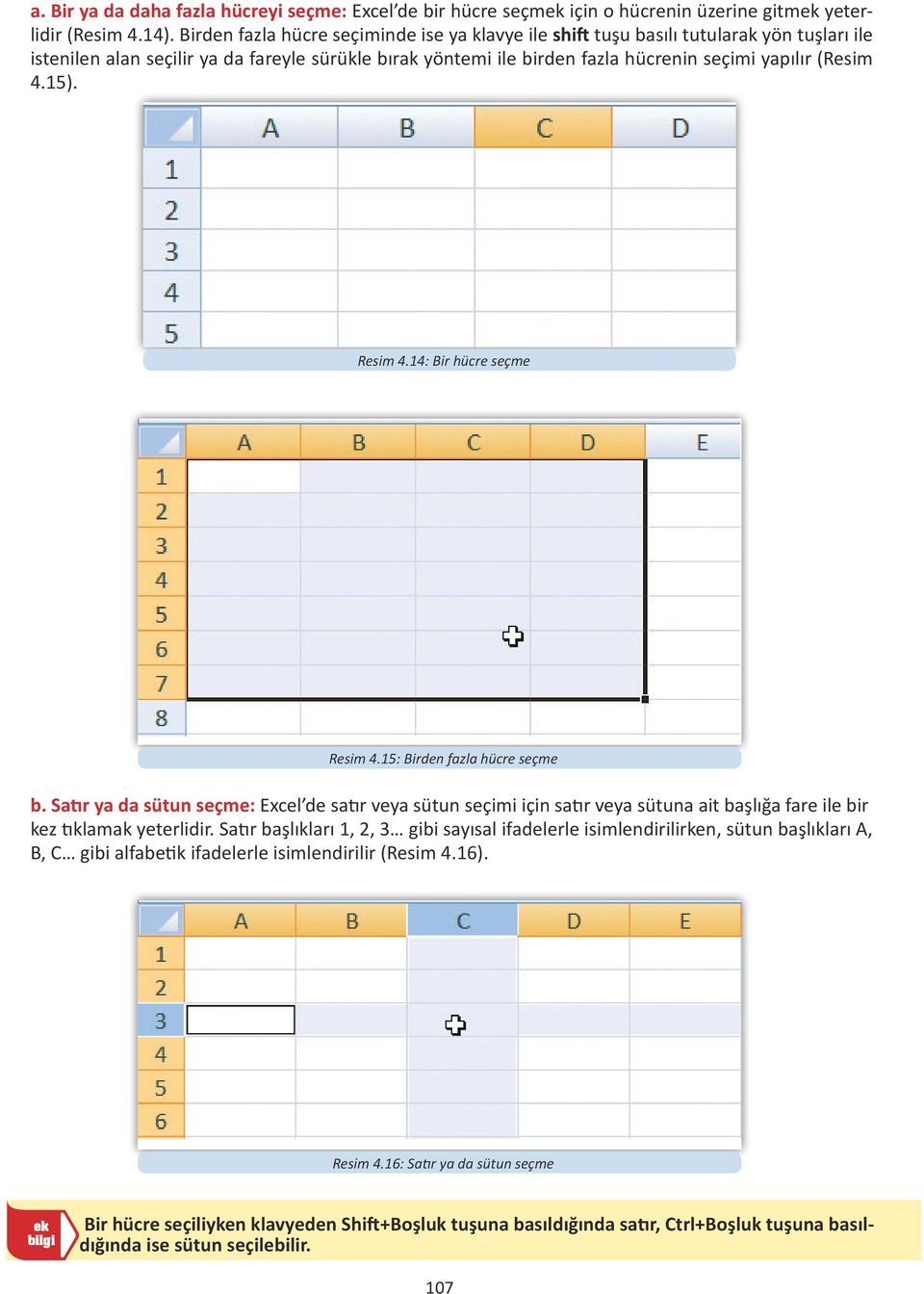 15). Resim 4.14: Bir hücre seçme Resim 4.15: Birden fazla hücre seçme b.