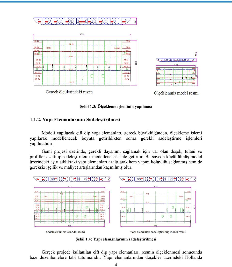 yapılmalıdır. Gemi projesi üzerinde, gerekli dayanımı sağlamak için var olan döşek, tülani ve profiller azaltılıp sadeleştirilerek modellenecek hale getirilir.